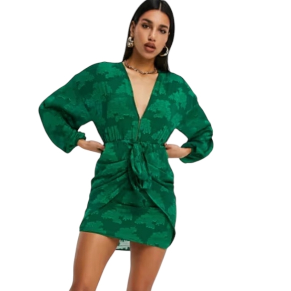 ASOS DESIGN plunge tie front mini dress in floral jacquard in green NWT Sz 4 - Picture 4 of 11